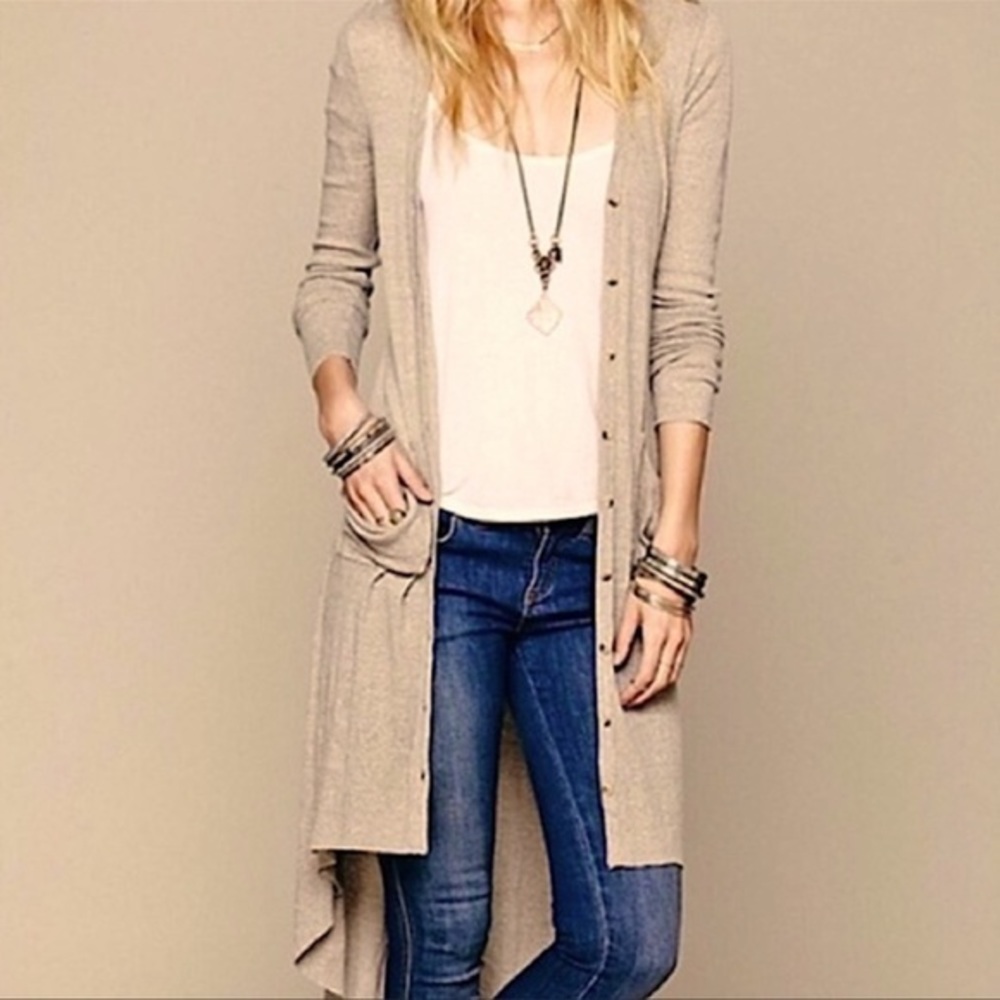 Free People Beach Long Open Cardigan in Beige and Ivory GUC